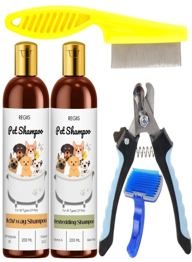 REGIIS Pet Grooming Kit with Itch Away and Deshedding Shampoo, Professional Dog Grooming Tools, Nail Clippers, Flea Comb, Self Cleaning Brush, 5 Piece Set - Image 1